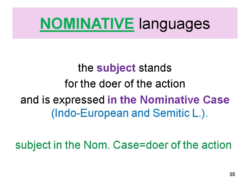 NOMINATIVE languages   the subject stands  for the doer of the action